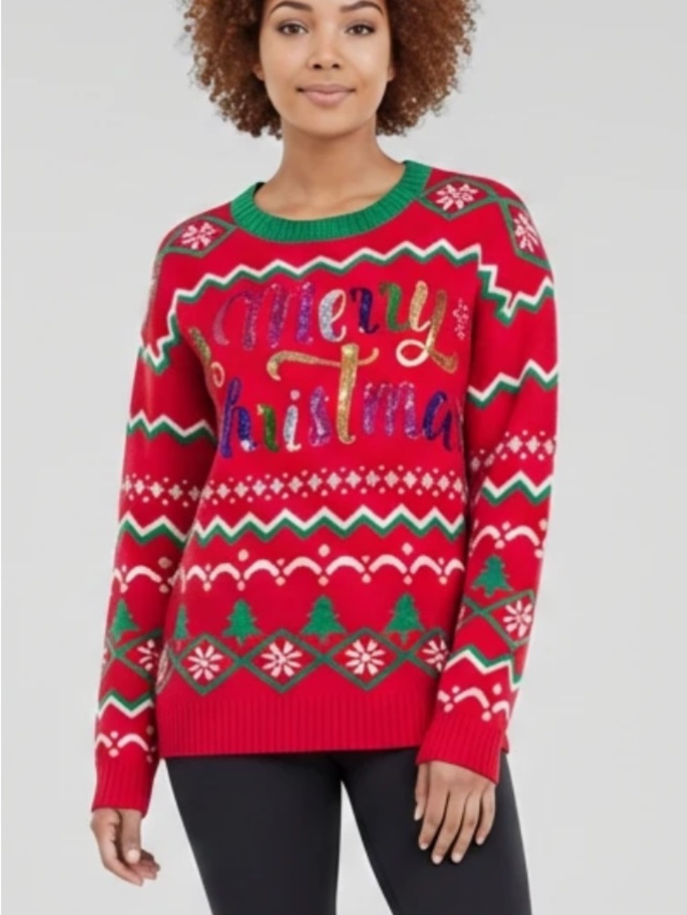 Holiday Time Red Sparkle 'Merry Christmas' Crewneck Sweater with Green Trim